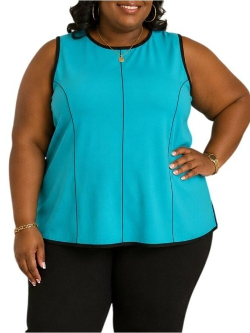 Finity Plus Size 2X Top Sleeveless Turquoise Colorblock Chic Black Accent